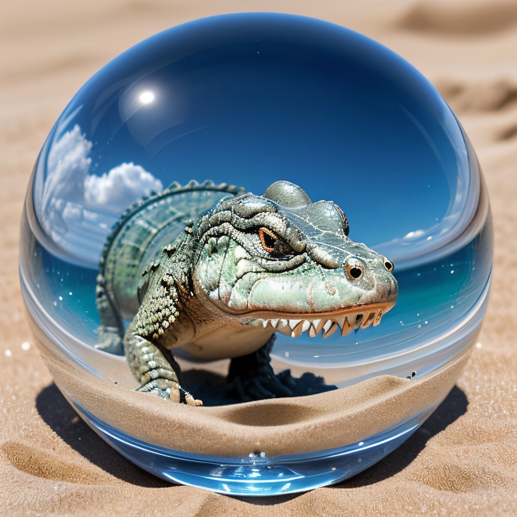 00044-3813332328-masterpiece, best quality, intricate photo, glass sphere with highly detailed crocodile in the sand, Background blue cloudy sky,.jpg